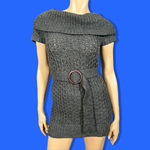 Y2K Gray Belted Sweater Fairy Grunge Size XS Long Tunic Mini Dress Cap Sleeves - Picture 1 of 8